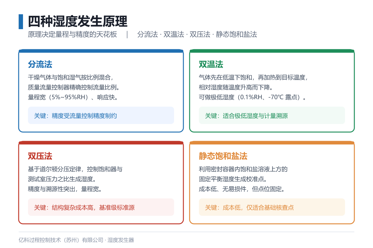 四种湿度发生原理对比示意：分流法、双温法、双压法、静态饱和盐法