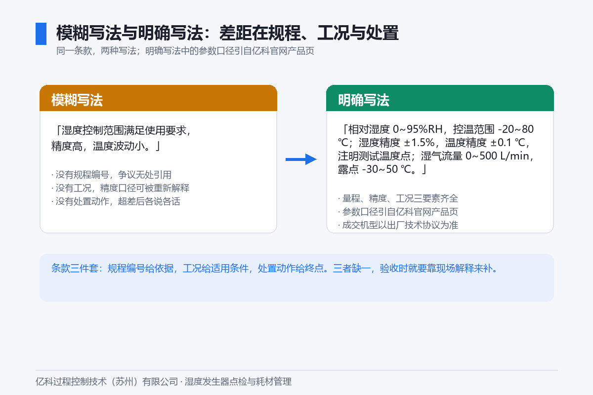 模糊写法与明确写法比较示例图：左栏模糊写法如湿度控制精度满足使用要求，右栏明确写法给出量程、精度、工况与规程编号，亿科官网产品页口径作为明确写法的事实基线
