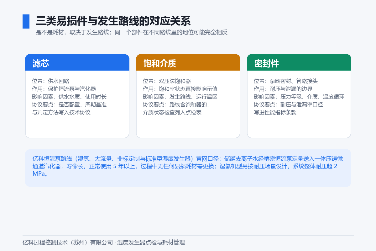 三类易损件与发生路线关系图：滤芯位于供水回路保护恒流泵与汽化器，饱和介质位于双压法饱和器，密封件位于泵阀与管路接头；亿科恒流泵微通道路线官网口径为正常使用5年以上无任何易损耗材需更换