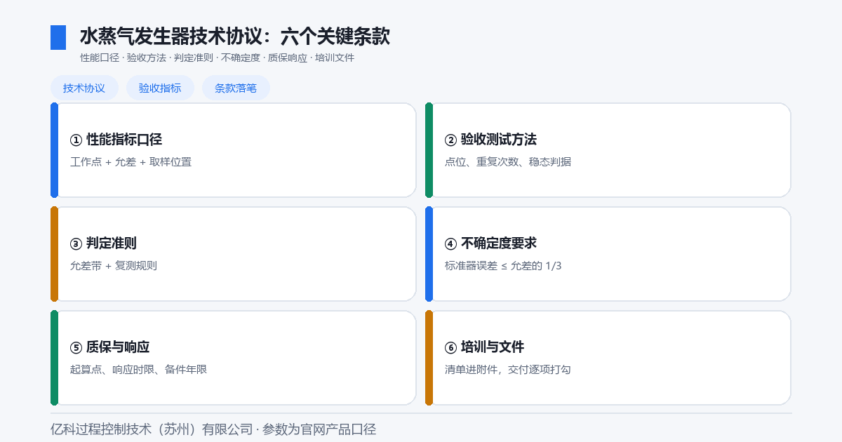 亿科水蒸气发生器技术协议六个关键条款框架图：性能指标口径、验收测试方法、判定准则、不确定度要求、质保与响应、培训与文件