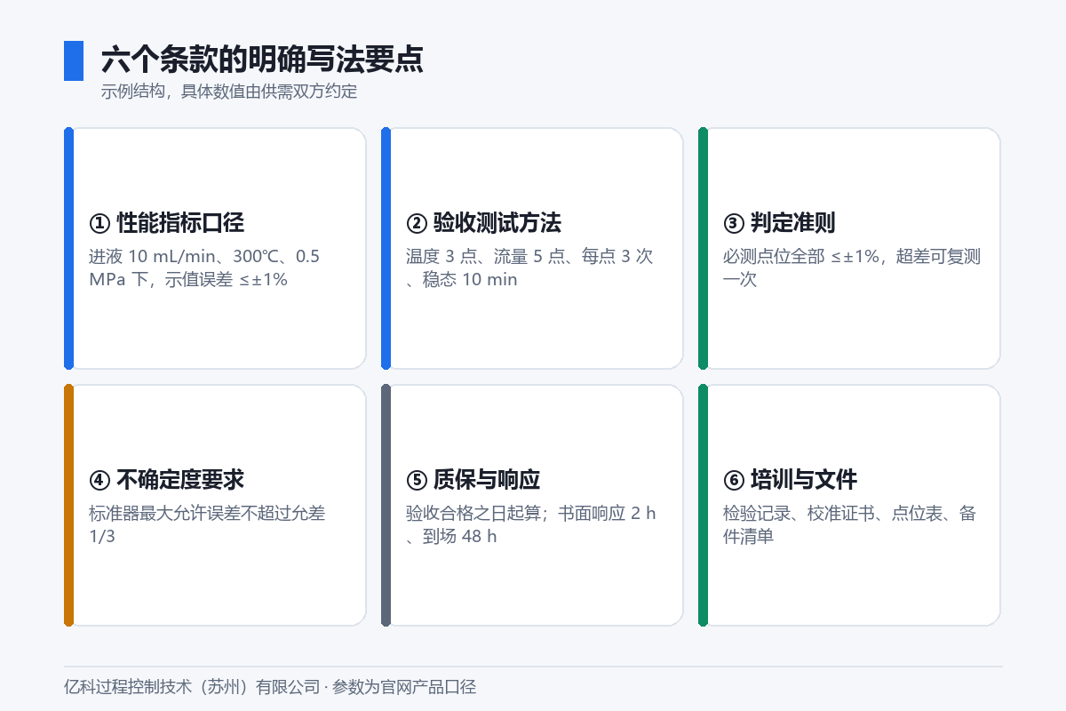 亿科水蒸气发生器技术协议六条款明确写法要点图：工作点允差、点位重复、允差带、标准器比例、响应时限、文件清单
