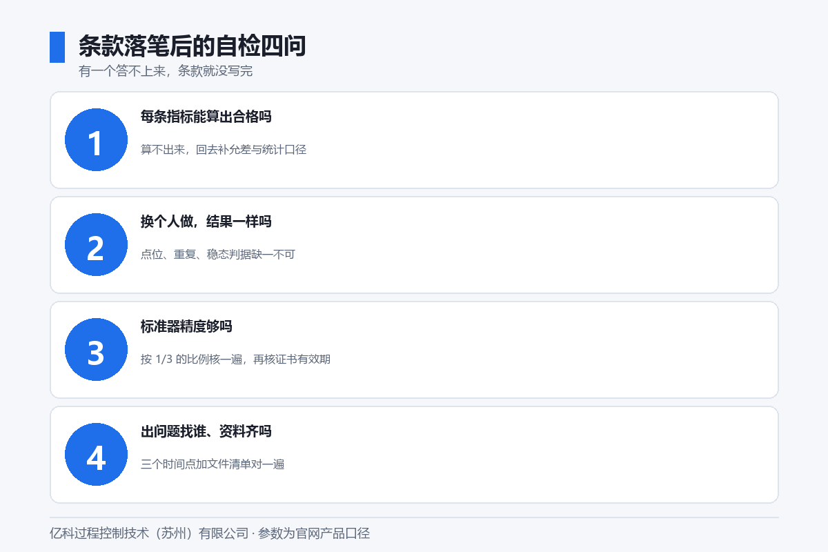 亿科水蒸气发生器技术协议落笔自检四问图：可计算判据、可复现方法、标准器精度、响应与文件