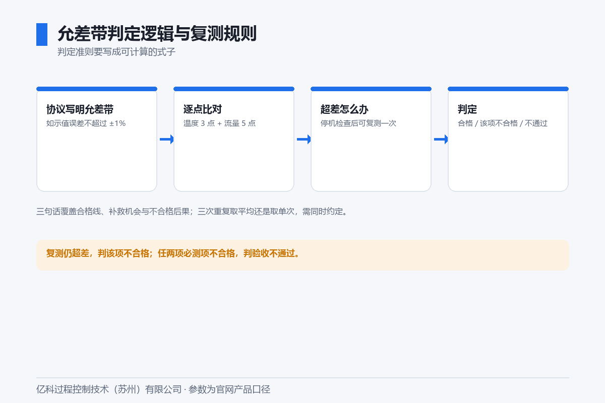 亿科水蒸气发生器验收允差带判定流程图：设定值、允差带、实测点位、复测规则与判定