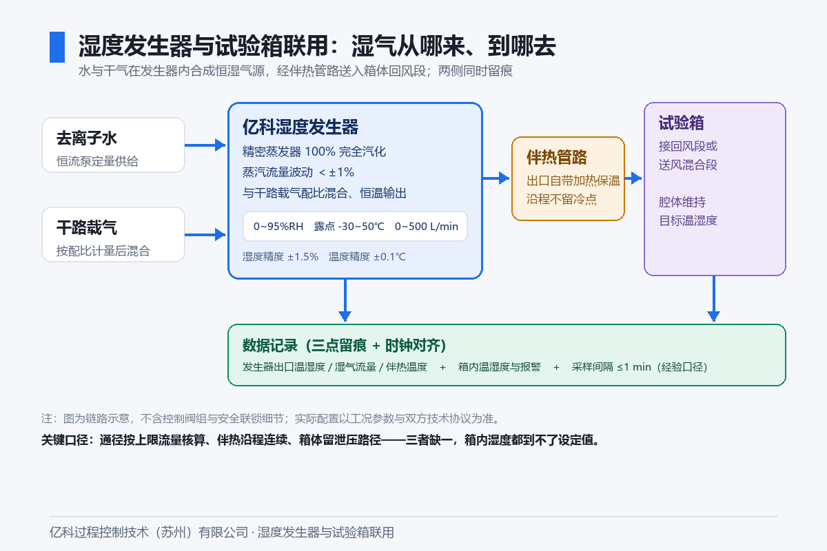 湿度发生器与试验箱联用的湿气链路:恒流泵供水、精密蒸发器汽化、与干路载气混合后经伴热管路送入试验箱,两侧同时留痕 湿度发生器与试验箱联用的湿气链路:恒流泵供水、精密蒸发器汽化、与干路载气混合后经伴热管路送入试验箱,两侧同时留痕