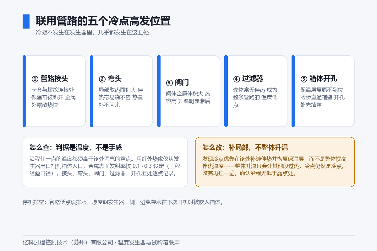 联用管路五个冷点高发位置:接头、弯头、阀门、过滤器与箱体开孔处,任一处温度低于露点即冷凝 联用管路五个冷点高发位置:接头、弯头、阀门、过滤器与箱体开孔处,任一处温度低于露点即冷凝