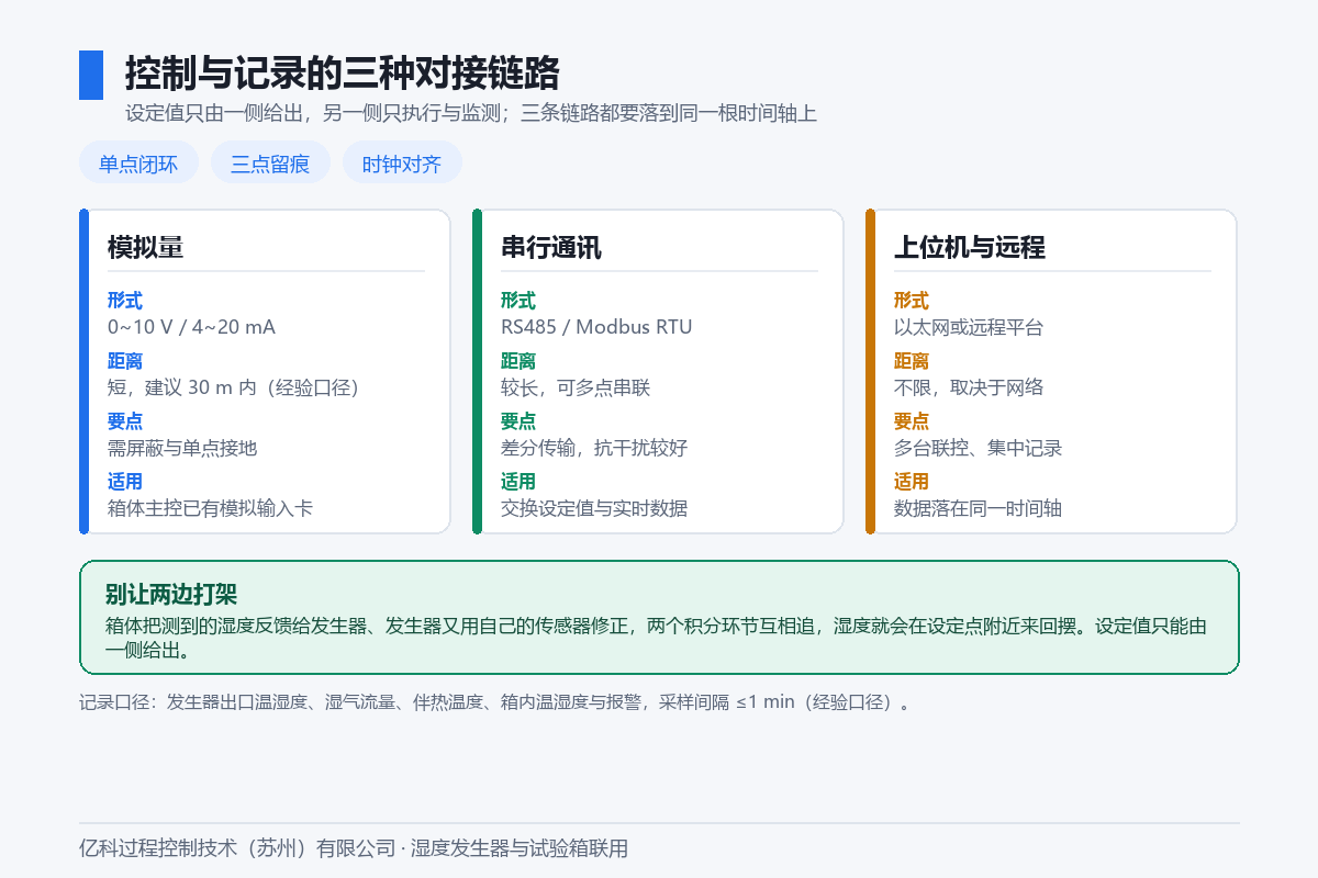 控制与记录的三种对接链路:模拟量、串行通讯与上位机;设定值只由一侧给出,另一侧只执行与监测 控制与记录的三种对接链路:模拟量、串行通讯与上位机;设定值只由一侧给出,另一侧只执行与监测